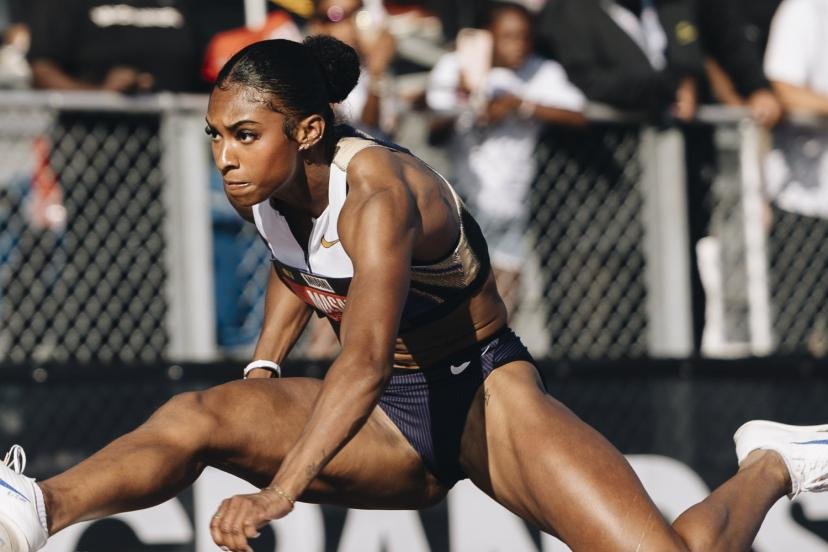 Masai Russell pendant son 100 m haies canon. (Gaëlle Mobuchon/Presse Sport)