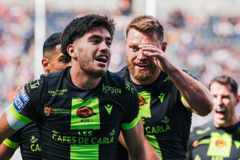 La joie de Guillermo Aispuro-Bichet après son essai face à Leigh. (Dragons Catalans)