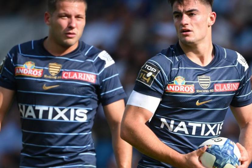 Antoine Gibert (à gauche) et Nolann Le Garrec, ici lors du match aller à Bayonne le 19 octobre (32-15), seront associés en charnière samedi. (A. Mounic/L'Équipe)