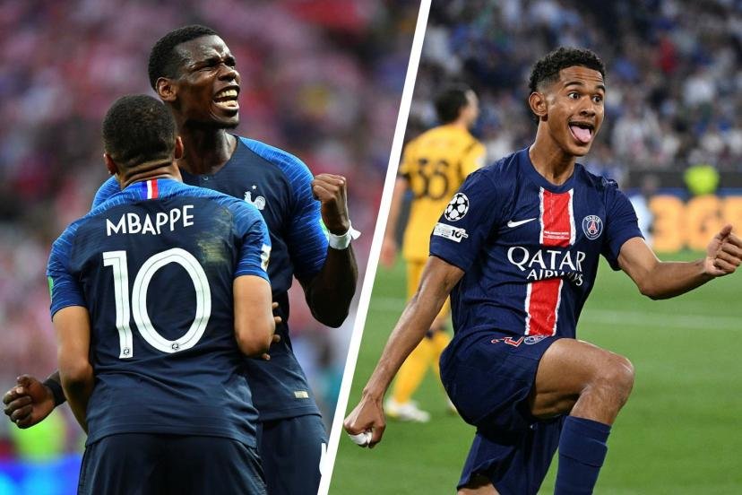 Paul Pogba célèbre avec Kylian Mbappé son but en finale de la Coupe du monde 2018, comme Senny Mayulu samedi à Munich. (P. Lahalle et F. Faugere/L'Equipe)