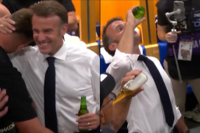 Emmanuel Macron dans le vestiaire du Stade Toulousain après sa victoire en Top 14. (Captures d'écran Canal+ Rugby)